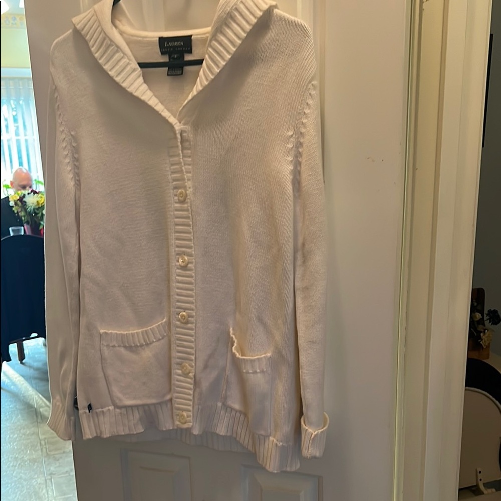 Lauren Ralph Lauren White Cardigan Sweater with Sailor Collar